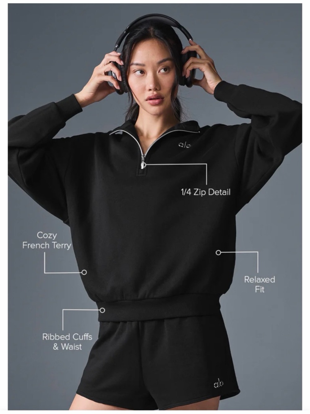 ALO Yoga Black Half-Zip Pullover Sweatshirt - Picture 2 of 9